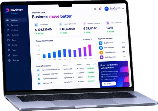 The Paytimum Business dashboard on a laptop