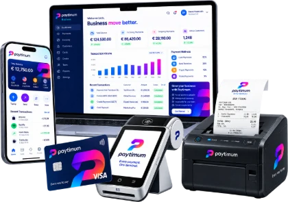 Every Paytimum product together: the app, the card, the business dashboard, the POS terminal and the fiscal printer