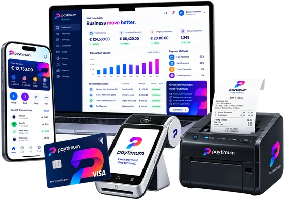 Every Paytimum product together: the app, the card, the business dashboard, the POS terminal and the fiscal printer
